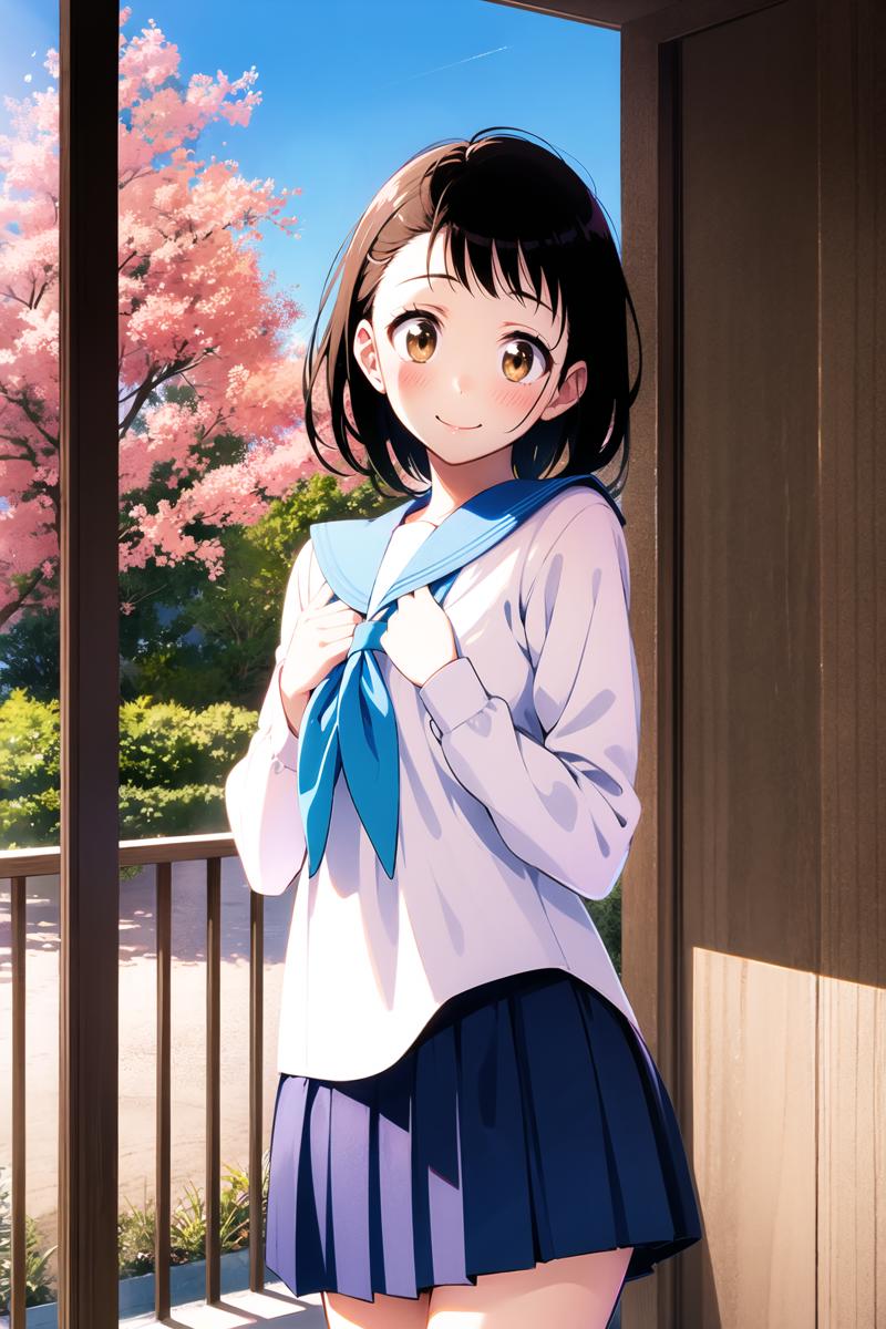 17865-1834425745-Onodera Kosaki, 1girl, solo, smile, skirt, brown hair, school uniform, brown eyes, looking at viewer, blue skirt, pleated skirt,.png